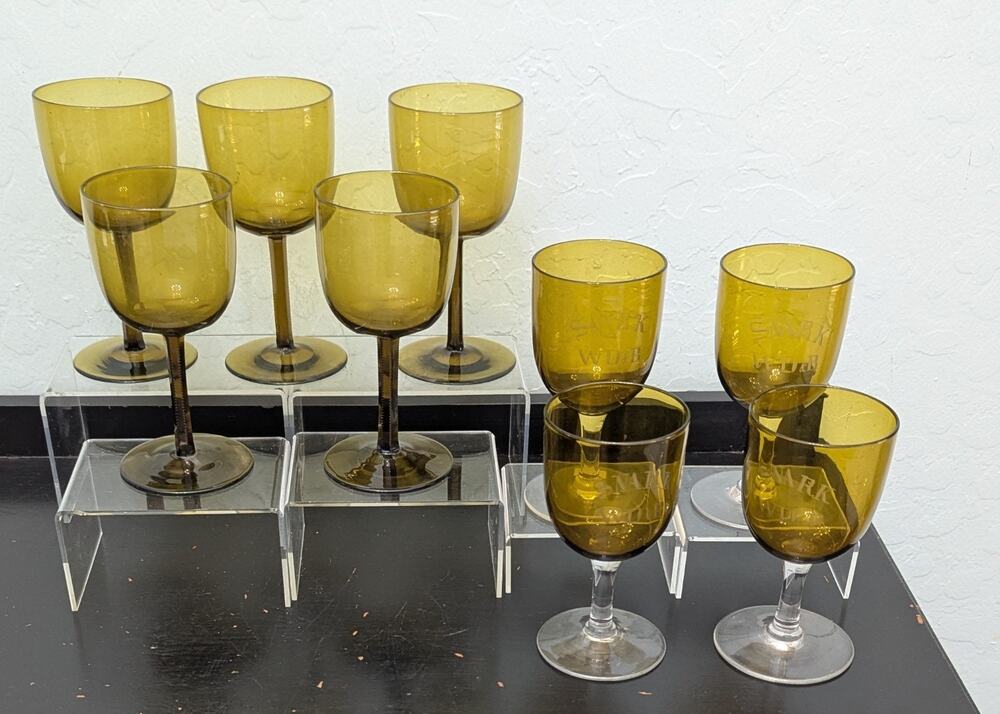 Hand Blown Dark Amber Wine Cordial Glasses Vintage Lot Of 9 MCM Olive Green